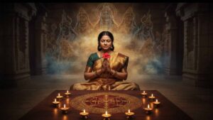 ಗುಪ್ತ ನವರಾತ್ರಿಯ ಸಂದರ್ಭದಲ್ಲಿ ಶ್ರೀಚಕ್ರದ ಮುಂದೆ ಕುಳಿತು ಧ್ಯಾನ ಮಾಡುತ್ತಿರುವ ಮಹಿಳೆ ಮತ್ತು ಹಿನ್ನೆಲೆಯಲ್ಲಿ ದಶ ಮಹಾವಿದ್ಯೆಗಳ ಚಿತ್ರಣ.