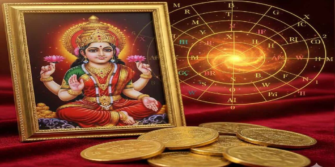 Guru Pushya Yoga significance with Goddess Lakshmi photo, gold coins and astrology chart