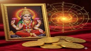 Guru Pushya Yoga significance with Goddess Lakshmi photo, gold coins and astrology chart