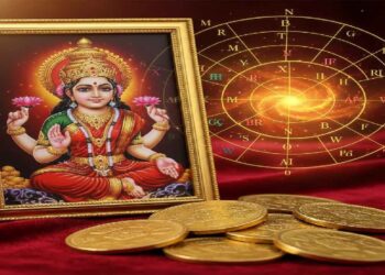 Guru Pushya Yoga significance with Goddess Lakshmi photo, gold coins and astrology chart