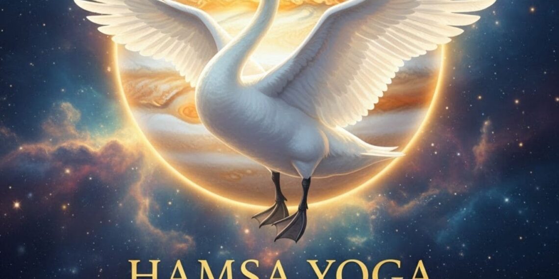 Hamsa Yoga in Vedic Astrology represented by Jupiter and a celestial swan, signifying wisdom and grace.