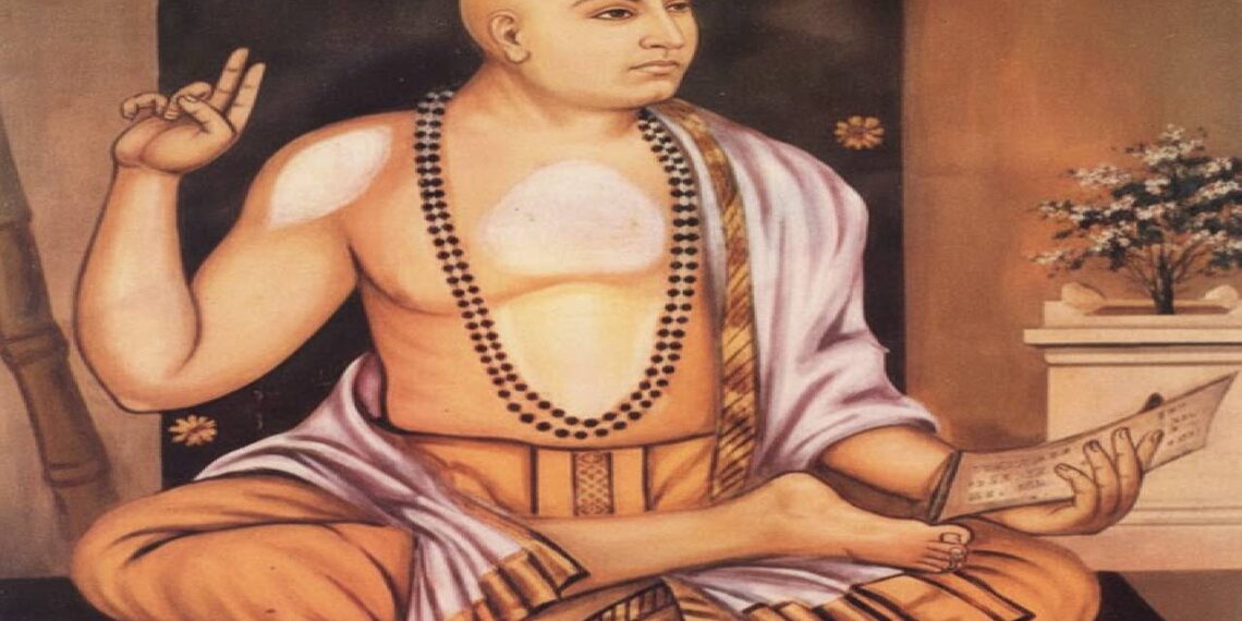 "Traditional portrait of Sri Madhvacharya sitting in a meditative posture, holding a palm-leaf manuscript (shastra) and showing the Chin-mudra, symbolizing divine knowledge and Dvaita philosophy.