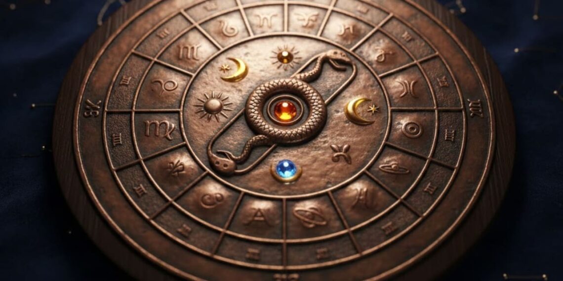 A mystical Vedic astrology wheel representing Kaal Sarp Dosh with a snake encircling planetary symbols on a vintage metallic zodiac disc.