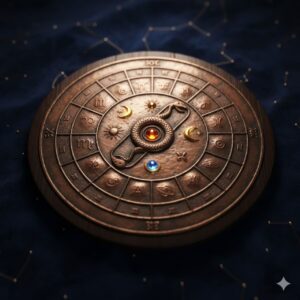 A mystical Vedic astrology wheel representing Kaal Sarp Dosh with a snake encircling planetary symbols on a vintage metallic zodiac disc.
