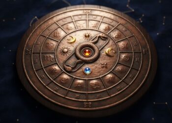A mystical Vedic astrology wheel representing Kaal Sarp Dosh with a snake encircling planetary symbols on a vintage metallic zodiac disc.