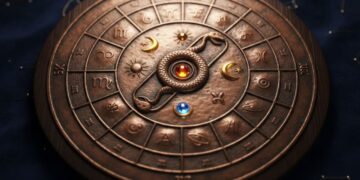 A mystical Vedic astrology wheel representing Kaal Sarp Dosh with a snake encircling planetary symbols on a vintage metallic zodiac disc.