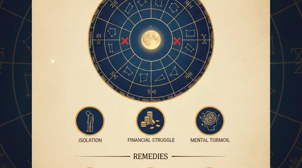 ಕೇಮದ್ರುಮ ಯೋಗದ ಕುರಿತಾದ ಜ್ಯೋತಿಷ್ಯ ವಿಶ್ಲೇಷಣೆ - ಚಂದ್ರ ಮತ್ತು ನವಗ್ರಹಗಳ ಕುಂಡಲಿ ಚಿತ್ರ