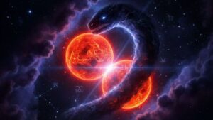 Mars and Rahu conjunction in the cosmos representing Angarak Yoga in Vedic astrology.