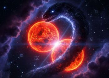 Mars and Rahu conjunction in the cosmos representing Angarak Yoga in Vedic astrology.