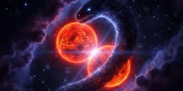 Mars and Rahu conjunction in the cosmos representing Angarak Yoga in Vedic astrology.