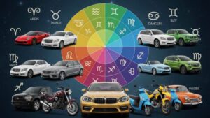 ವಿವಿಧ ಬಣ್ಣದ ಕಾರುಗಳು, ಬೈಕ್ ಮತ್ತು ಸ್ಕೂಟರ್ಗಳೊಂದಿಗೆ ಇರುವ ರಾಶಿಚಕ್ರದ ಚಕ್ರ (Zodiac wheel with various colored cars, bikes, and scooters)