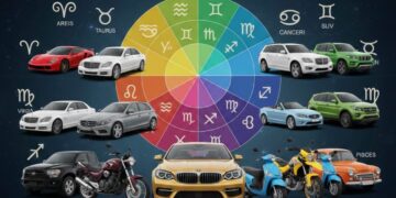 ವಿವಿಧ ಬಣ್ಣದ ಕಾರುಗಳು, ಬೈಕ್ ಮತ್ತು ಸ್ಕೂಟರ್‌ಗಳೊಂದಿಗೆ ಇರುವ ರಾಶಿಚಕ್ರದ ಚಕ್ರ (Zodiac wheel with various colored cars, bikes, and scooters)