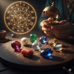 ಹಲವು ಬಣ್ಣದ ನೈಸರ್ಗಿಕ ನವರತ್ನಗಳು ಮತ್ತು ಜ್ಯೋತಿಷ್ಯ ಶಾಸ್ತ್ರದ ರಾಶಿ ಚಕ್ರದ ಹಿನ್ನೆಲೆ.