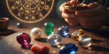 ಹಲವು ಬಣ್ಣದ ನೈಸರ್ಗಿಕ ನವರತ್ನಗಳು ಮತ್ತು ಜ್ಯೋತಿಷ್ಯ ಶಾಸ್ತ್ರದ ರಾಶಿ ಚಕ್ರದ ಹಿನ್ನೆಲೆ.