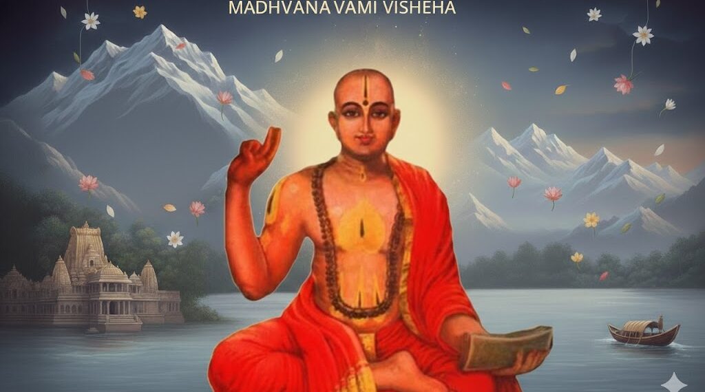 ಕೈಯಲ್ಲಿ ಜ್ಞಾನಮುದ್ರೆ ಧರಿಸಿ ಕುಳಿತಿರುವ ಶ್ರೀಮನ್ಮಧ್ವಾಚಾರ್ಯರ ಭಾವಚಿತ್ರ, ಹಿನ್ನೆಲೆಯಲ್ಲಿ ಬದರಿಕಾಶ್ರಮ ಮತ್ತು ಮಧ್ವನವಮಿ 2026ರ ಬರಹ