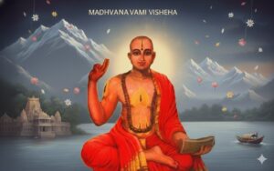 ಕೈಯಲ್ಲಿ ಜ್ಞಾನಮುದ್ರೆ ಧರಿಸಿ ಕುಳಿತಿರುವ ಶ್ರೀಮನ್ಮಧ್ವಾಚಾರ್ಯರ ಭಾವಚಿತ್ರ, ಹಿನ್ನೆಲೆಯಲ್ಲಿ ಬದರಿಕಾಶ್ರಮ ಮತ್ತು ಮಧ್ವನವಮಿ 2026ರ ಬರಹ