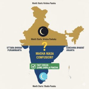 ಉತ್ತರ ಮತ್ತು ದಕ್ಷಿಣ ಭಾರತದ ಪಂಚಾಂಗ ಪದ್ಧತಿಗಳ ವ್ಯತ್ಯಾಸವನ್ನು ತೋರಿಸುವ ಭಾರತದ ನಕ್ಷೆಯ ಇನ್ಫೋಗ್ರಾಫಿಕ್. ಮಾಘ ಮಾಸ ಗೊಂದಲ, ಅಮಾವಾಸ್ಯೆ, ಹುಣ್ಣಿಮೆ, ಕೃಷ್ಣ ಪಕ್ಷ, ಶುಕ್ಲ ಪಕ್ಷದ ಸಂಕೇತಗಳನ್ನು ಒಳಗೊಂಡಿದೆ.