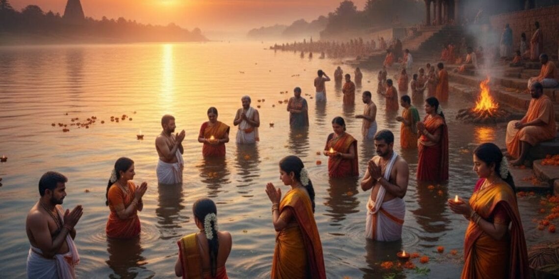 ನದಿ ತೀರದಲ್ಲಿ ಭಕ್ತರು ಮಾಘ ಸ್ನಾನ ಮಾಡುತ್ತಿರುವುದು ಮತ್ತು ಹಿನ್ನೆಲೆಯಲ್ಲಿ ಉದಯಿಸುತ್ತಿರುವ ಸೂರ್ಯನ ದೃಶ್ಯ.