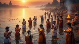 ನದಿ ತೀರದಲ್ಲಿ ಭಕ್ತರು ಮಾಘ ಸ್ನಾನ ಮಾಡುತ್ತಿರುವುದು ಮತ್ತು ಹಿನ್ನೆಲೆಯಲ್ಲಿ ಉದಯಿಸುತ್ತಿರುವ ಸೂರ್ಯನ ದೃಶ್ಯ.