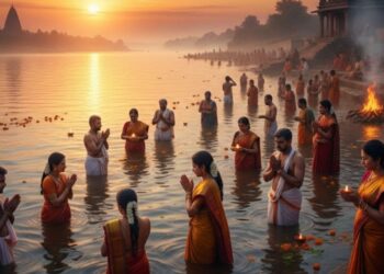 ನದಿ ತೀರದಲ್ಲಿ ಭಕ್ತರು ಮಾಘ ಸ್ನಾನ ಮಾಡುತ್ತಿರುವುದು ಮತ್ತು ಹಿನ್ನೆಲೆಯಲ್ಲಿ ಉದಯಿಸುತ್ತಿರುವ ಸೂರ್ಯನ ದೃಶ್ಯ.