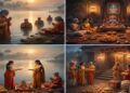A four-pane collage depicting Hindu Magha Purnima rituals: devotees taking a holy dip in a river under a full moon, a family performing Vishnu Puja and Satyanarayana Vrata at home, women offering lamps by the river, and people distributing food and clothes as charity (Daana).