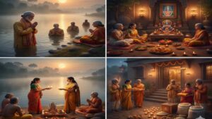 A four-pane collage depicting Hindu Magha Purnima rituals: devotees taking a holy dip in a river under a full moon, a family performing Vishnu Puja and Satyanarayana Vrata at home, women offering lamps by the river, and people distributing food and clothes as charity (Daana).
