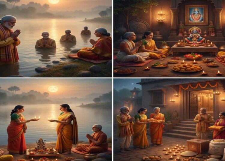 A four-pane collage depicting Hindu Magha Purnima rituals: devotees taking a holy dip in a river under a full moon, a family performing Vishnu Puja and Satyanarayana Vrata at home, women offering lamps by the river, and people distributing food and clothes as charity (Daana).