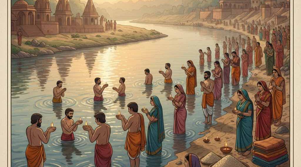 ಪವಿತ್ರ ನದಿಯಲ್ಲಿ ಸೂರ್ಯೋದಯದ ಸಮಯದಲ್ಲಿ ಸ್ನಾನ ಮಾಡುತ್ತಿರುವ ದೃಶ್ಯ - ಮಾಘ ಸ್ನಾನ.