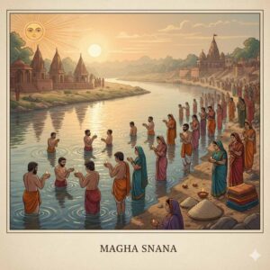 ಪವಿತ್ರ ನದಿಯಲ್ಲಿ ಸೂರ್ಯೋದಯದ ಸಮಯದಲ್ಲಿ ಸ್ನಾನ ಮಾಡುತ್ತಿರುವ ದೃಶ್ಯ - ಮಾಘ ಸ್ನಾನ.