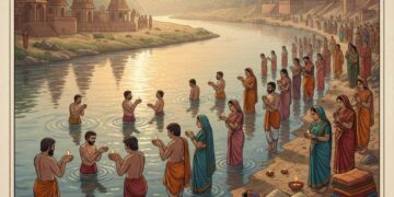 ಪವಿತ್ರ ನದಿಯಲ್ಲಿ ಸೂರ್ಯೋದಯದ ಸಮಯದಲ್ಲಿ ಸ್ನಾನ ಮಾಡುತ್ತಿರುವ ದೃಶ್ಯ - ಮಾಘ ಸ್ನಾನ.