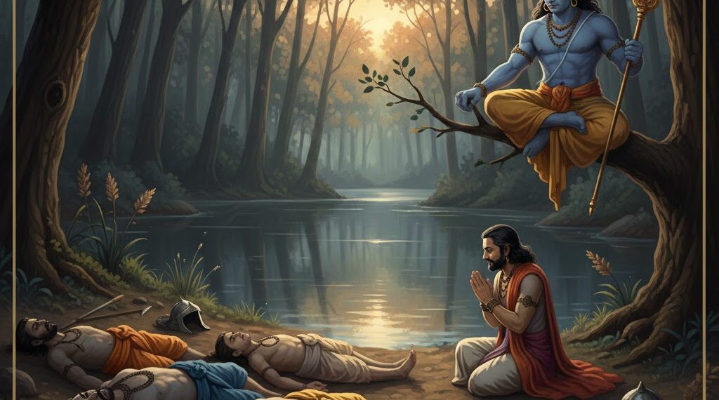 Yudhishthira answering Yaksha questions near the lake in Mahabharata