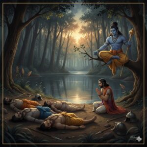 Yudhishthira answering Yaksha questions near the lake in Mahabharata
