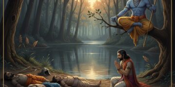 Yudhishthira answering Yaksha questions near the lake in Mahabharata