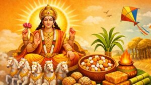 ಸೂರ್ಯ ದೇವ ಮತ್ತು ಎಳ್ಳು-ಬೆಲ್ಲದ ಮಕರ ಸಂಕ್ರಾಂತಿ ಹಬ್ಬದ ಸಾಂಕೇತಿಕ ಚಿತ್ರ.