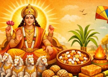 ಸೂರ್ಯ ದೇವ ಮತ್ತು ಎಳ್ಳು-ಬೆಲ್ಲದ ಮಕರ ಸಂಕ್ರಾಂತಿ ಹಬ್ಬದ ಸಾಂಕೇತಿಕ ಚಿತ್ರ.