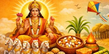 ಸೂರ್ಯ ದೇವ ಮತ್ತು ಎಳ್ಳು-ಬೆಲ್ಲದ ಮಕರ ಸಂಕ್ರಾಂತಿ ಹಬ್ಬದ ಸಾಂಕೇತಿಕ ಚಿತ್ರ.