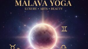 Astrological representation of Malavya Yoga featuring planet Venus, zodiac wheel, musical instruments, and luxury symbols in a cosmic background.