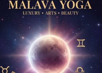 Astrological representation of Malavya Yoga featuring planet Venus, zodiac wheel, musical instruments, and luxury symbols in a cosmic background.