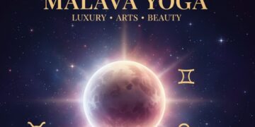Astrological representation of Malavya Yoga featuring planet Venus, zodiac wheel, musical instruments, and luxury symbols in a cosmic background.