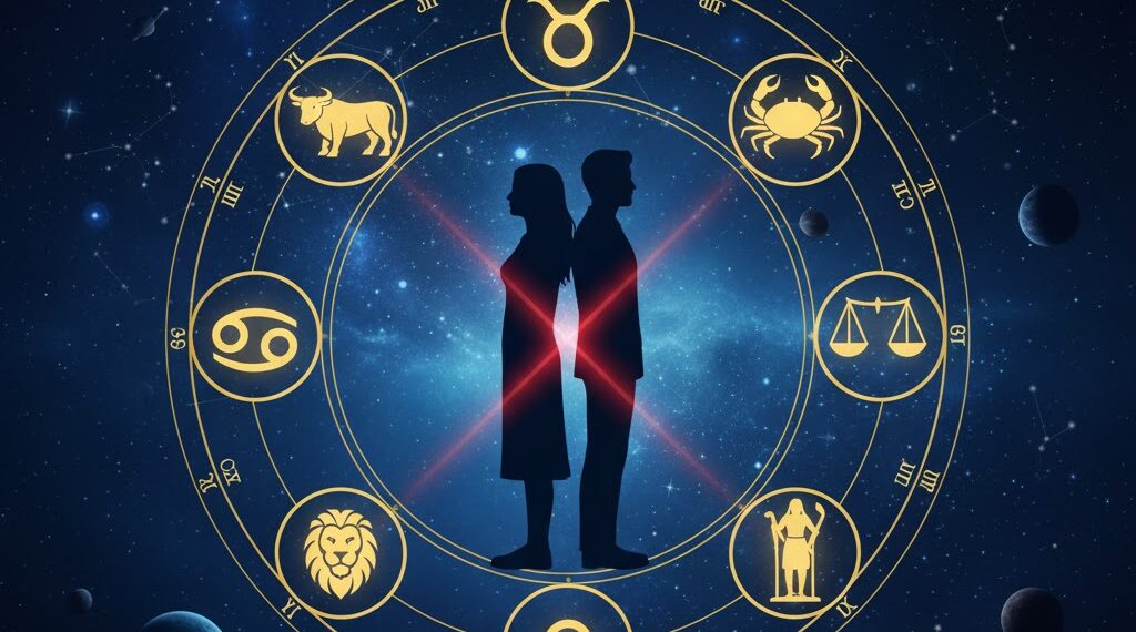 Zodiac signs and marriage conflict astrology chart featuring Taurus, Cancer, Leo, Libra, and Aquarius.
