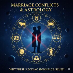 Zodiac signs and marriage conflict astrology chart featuring Taurus, Cancer, Leo, Libra, and Aquarius.