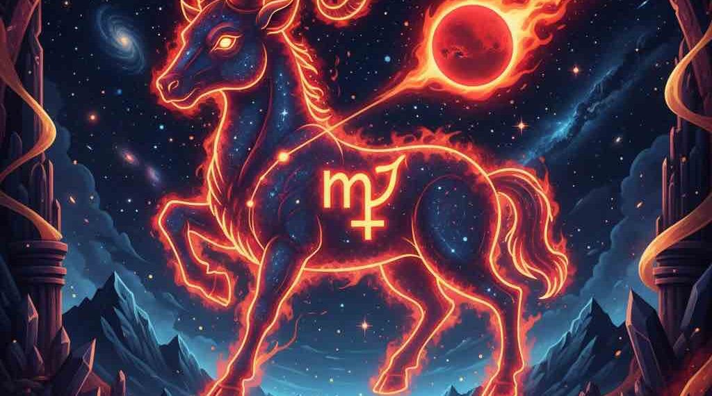 Powerful illustration of Mars Transit in Capricorn 2026 with English text and zodiac symbols