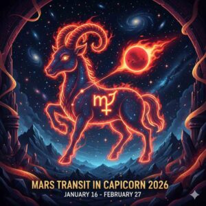 Powerful illustration of Mars Transit in Capricorn 2026 with English text and zodiac symbols