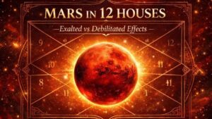 Mystical Vedic astrology infographic showing the red planet Mars glowing at the center, surrounded by a traditional Indian Kundali chart, highlighting Mars in 12 houses with exalted and debilitated effects in a cosmic red and gold theme.