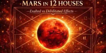 Mystical Vedic astrology infographic showing the red planet Mars glowing at the center, surrounded by a traditional Indian Kundali chart, highlighting Mars in 12 houses with exalted and debilitated effects in a cosmic red and gold theme.