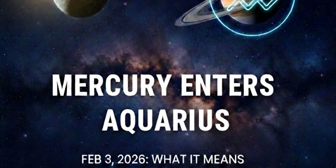 Mercury enters Aquarius transit 2026 horoscope prediction image with zodiac symbols and Mercury planet illustration.
