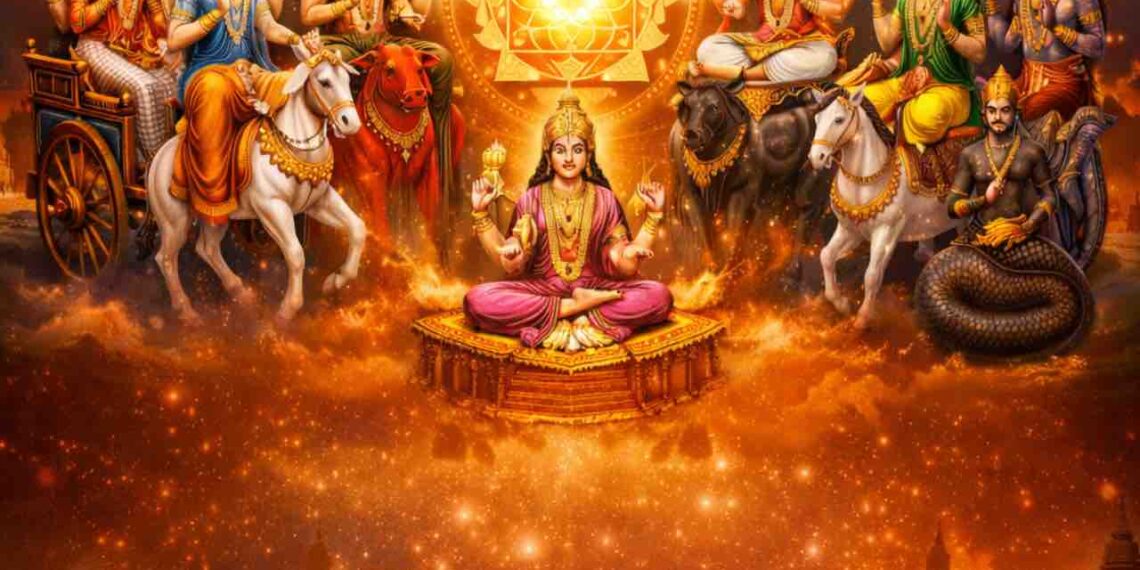 Illustration of Navagraha deities surrounding a glowing Sri Yantra in a cosmic background with sacred book and ritual lamp below.