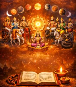 Illustration of Navagraha deities surrounding a glowing Sri Yantra in a cosmic background with sacred book and ritual lamp below.