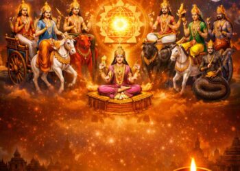 Illustration of Navagraha deities surrounding a glowing Sri Yantra in a cosmic background with sacred book and ritual lamp below.