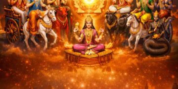 Illustration of Navagraha deities surrounding a glowing Sri Yantra in a cosmic background with sacred book and ritual lamp below.